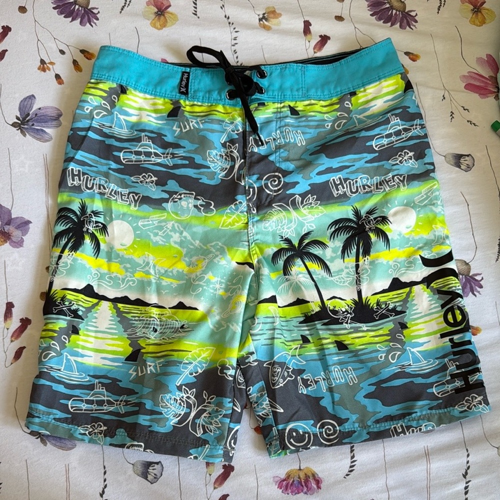 Hurley Boys Board Shorts Swim Trunks Unlined Doodle Palm Tree Print Size 12 26